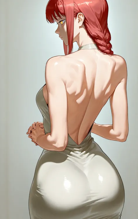 High quality, 1 girl, Makima ((Makima)) from Chainsaw Man, big hips, cout dress, She is upset, looks disapprovingly, She is on her back arching her back showing her ocks, one hand holding her ocks, Her hand is holding her own ock