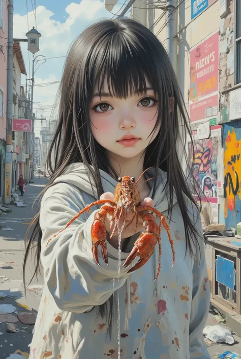 medium shot, a girl with pale skin and straight black hair with blunt bangs, resembling ano-chan style, wearing an oversized hoodie, standing in a quiet urban street, smirking mischievously while holding a live crawfish by the claw, acrylic painting, high ...