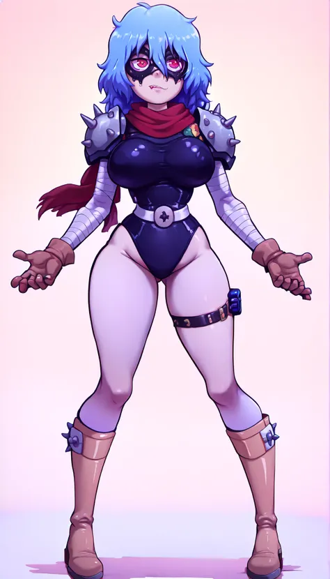 (1Girl), Solo, (Shigaraki Tomura), (gender bender), Women, (Star Vs The Forces of Evil Style), (long, careless cyan blue hair), (wide hips), (thin waist), ( medium thighs), (big breasts), (wide calves), (Red Eyes), leather gloves, black leather mask with b...