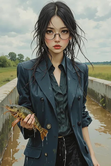 medium shot, a woman with glasses and sharp eyes, wearing sleek and intellectual clothing — a fitted dark blazer over a collared shirt — completely soaked from head to toe, standing beside a rural concrete irrigation canal, holding a live crawfish by the c...