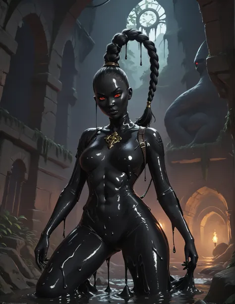 Slender female black slime-body. She has black slime-skin. Cute 18-year-old black aztec slimegirl assassin with big Asian red eyes. Black slime drips from her body. She has no mouth. Mouthless. She has a round and young face with a pointy chin. Her black l...
