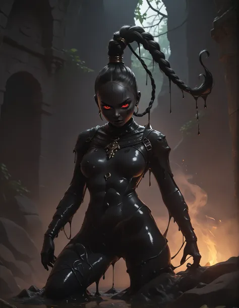 Slender female black slime-body. She has black slime-skin. Cute 18-year-old black aztec slimegirl assassin with big Asian red eyes. Black slime drips from her body. She has no mouth. Mouthless. She has a round and young face with a pointy chin. Her black l...