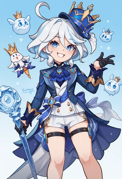 score_9, score_8_up, score_7_up, solo, solo girl, 1girl, furinadef, ahoge, blue crown, simple crown, top crown, blue crown, jacket, ascot, brooch, long sleeves, black gloves, white gloves, white shorts, thigh strap best art, best focus, open legs, pussy, s...