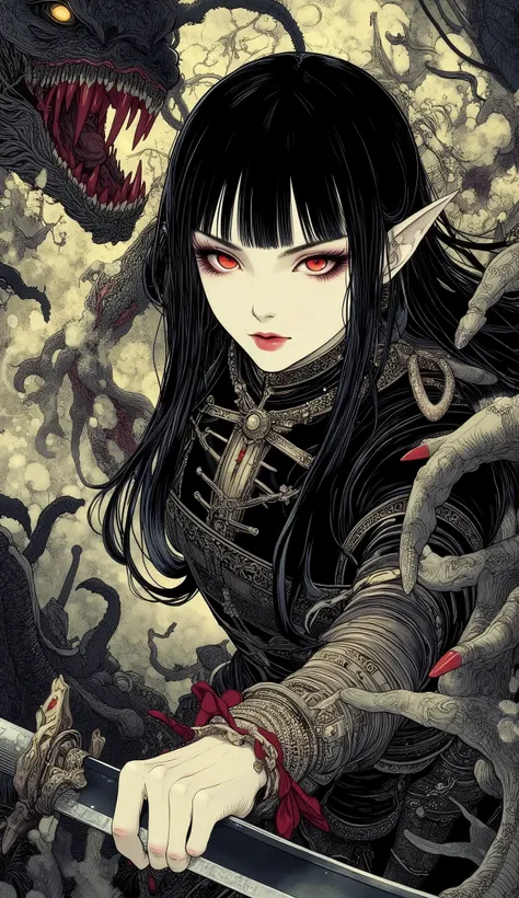 (A fusion of Ukiyo-e and dark fantasy. Aesthetic and gothic digital art. Illustrations are drawn from a bird's eye view from above.) BREAK (Jet black hair. Blunt bangs. Black eyebrows. Long black eyelashes. Almond-shaped eyes. Glowing red eyes. Dark, thick...