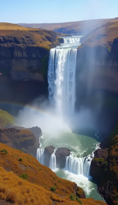 High quality images、Eppa Falls、Kunene River Falls on the Namibia-Angola border in Africa、Water vapor and rainbows rising from the waterfall、Beautiful Nature and Great Earth