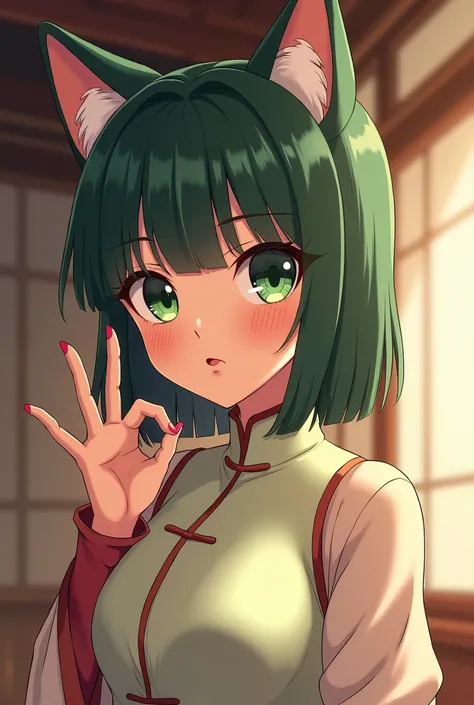 She is facing sideways, making an OK sign near her lips with a mischievous expression, her tongue slightly sticking out.A 2D digital illustration in anime style depicts a young woman resembling Maomao from "The Apothecary Diaries." She has straight, dark g...