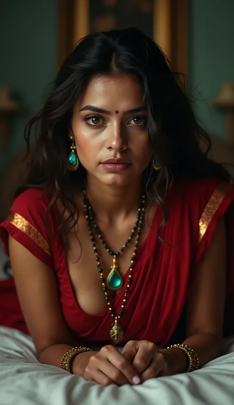 In a dim setting 、woman with curvaceous skin color wears traditional clothes, wears a deep red messy and elegant saree, Blouse piece, Exquisite Jewelry、Green glass bangle、and a small red bindi between her eyebrows。the woman wears a long, thin necklace、It's...