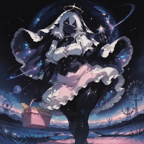 full body, atmospheric perspective, from side, from below, head tilted to viewer, blank expression, head tilt, slight smile, holding star in hand, floating, 1 girl, curvy, androgynous, (((empty eyes,))) shining eyes, (((black skin, galaxy stardust skin,)))...