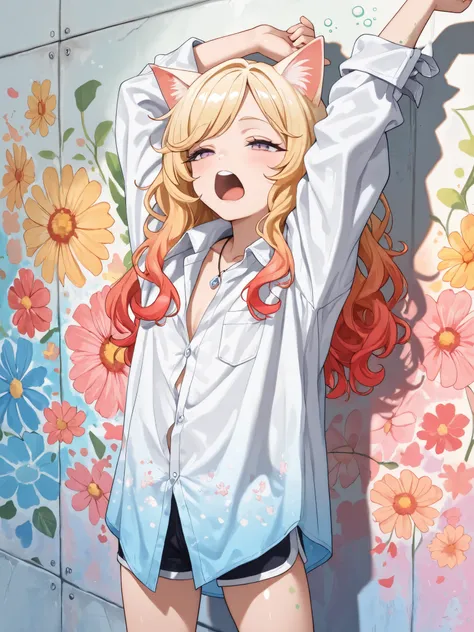 ((Masterpiece)), ((best quality, amazing quality)), from side, ((very aesthetic, absurdres, newest, detailed background)), (drop shadow), ((1girl)), Cute young Girl, (Healthy Gaunt body, Textured skin, small breast, tilt head), unruly hair, (beautiful blon...
