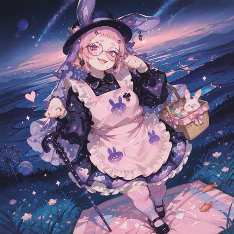 full body, dutch angle, from above, bouncy cute energetic posture, standing on one foot, using cane, head tilt, paw pose, innocent mischievous expression, small smile, open mouth, 1 femboy, (pastel (pink) curly (wolfcut)), (((adult))), (((lip piercings))),...