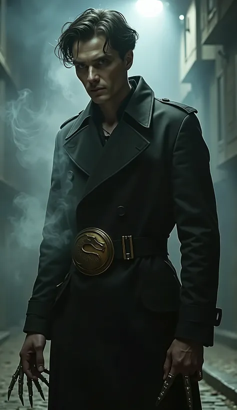 Hyper-realistic cinematic portrait of Cillian Murphy reimagined as Noob Saibot in a grainy 1960s psychological horror Mortal Kombat setting. He wears a matte black tactical trench with a vintage plague mask hanging from his belt. A single streetlight flick...