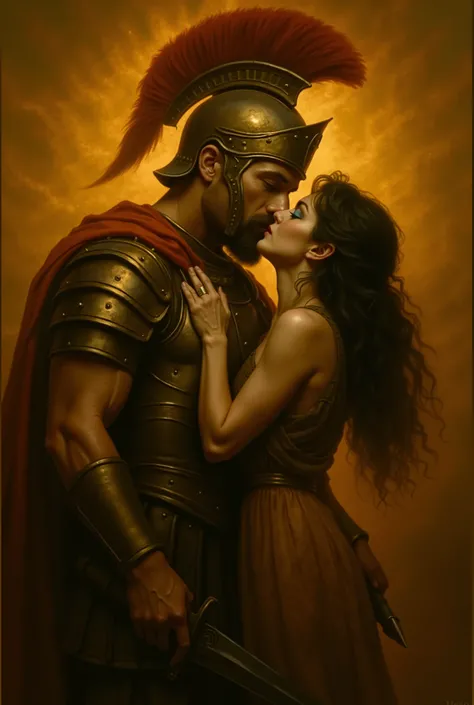 A fiery scene shows a Roman god, il dio Marte, and a woman engaged in a passionate embrace, wrapped in a warm red cloak, golden light that pervades the background, evoking an ethereal atmosphere. The soldier is dressed in a hoop detailed, with metal plates...