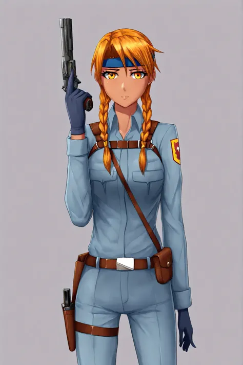 FaliSAF, tanned skin, orange hair, orange eyes, two braids, blue headband, blue jumpsuit with pale blue inserts, sleeves and pants, dark blue gloves, dark grey long harness, dark grey pistol waist bag, gun in a holster, confident look, shabby face, 1 girl,...