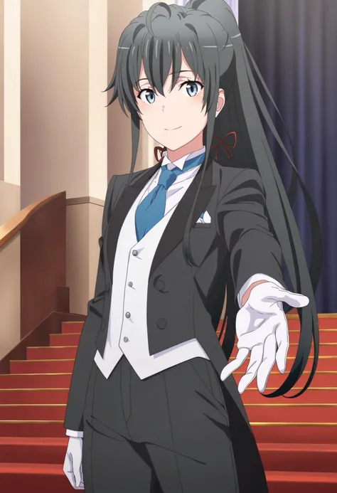 masterpiece, best quality, very detailed, , masterpiece, best quality, eyelashes, (Beautiful Eyes), cowboy shot, anime, Official Illustration, 1girl, solo, yukinoshita yukino, blue eyes, black hair, long hair, ponytail, tuxedo tailcoat, butler, blue neck...