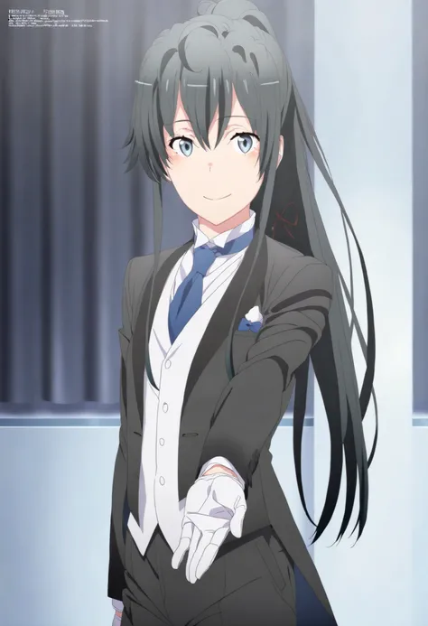 masterpiece, best quality, very detailed, , masterpiece, best quality,  eyelashes, (Beautiful Eyes), cowboy shot, anime,  Official Illustration, 1girl, solo, yukinoshita yukino, blue eyes, black hair, long hair, ponytail, tuxedo tailcoat, butler, blue neck...