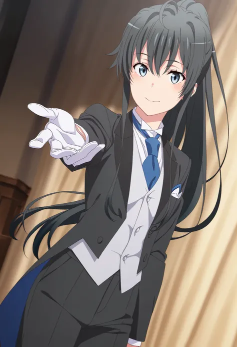 masterpiece, best quality, very detailed, , masterpiece, best quality,  eyelashes, (Beautiful Eyes), cowboy shot, anime,  Official Illustration, 1girl, solo, yukinoshita yukino, blue eyes, black hair, long hair, ponytail, tuxedo tailcoat, butler, blue neck...