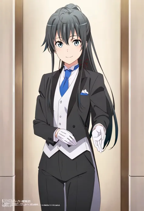 masterpiece, best quality, very detailed, , masterpiece, best quality, eyelashes, (Beautiful Eyes), cowboy shot, anime, Official Illustration, 1girl, solo, yukinoshita yukino, blue eyes, black hair, long hair, ponytail, tuxedo tailcoat, butler, blue neck...