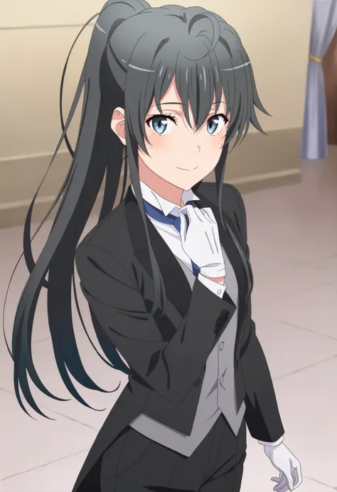 masterpiece, best quality, very detailed, , masterpiece, best quality, eyelashes, (Beautiful Eyes), cowboy shot, anime, Official Illustration, 1girl, solo, yukinoshita yukino, blue eyes, black hair, long hair, ponytail, tuxedo tailcoat, butler, blue neck...