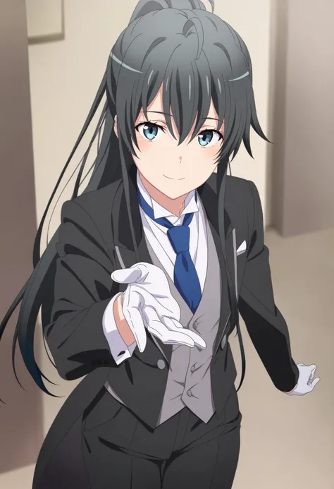 masterpiece, best quality, very detailed, , masterpiece, best quality, eyelashes, (Beautiful Eyes), cowboy shot, anime, Official Illustration, 1girl, solo, yukinoshita yukino, blue eyes, black hair, long hair, ponytail, tuxedo tailcoat, butler, blue neck...