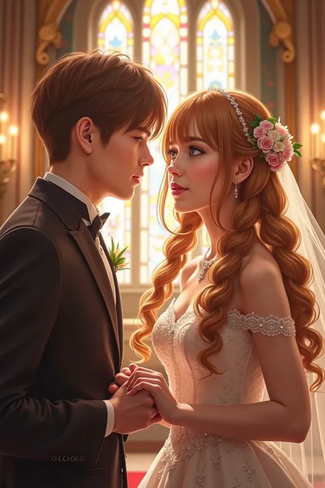 🌟:hochdetailliert,realistic with anime influence,Nahaufnahme,Foreground focus on the double braids and the entwined hands,which underlines their dominant posture.
🌌:a magnificent wedding chapel with high ceilings,royal tapestries and an altar in the back...