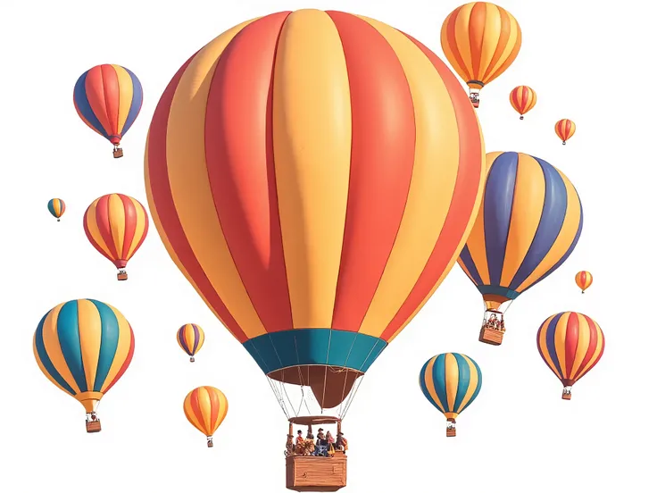 A group of colorful hot air balloons floating in the sky, highly detailed and realistic illustration style, ultra high resolution, each balloon has a unique vibrant pattern with red, orange, yellow, blue, and teal colors, soft fabric texture, realistic lig...