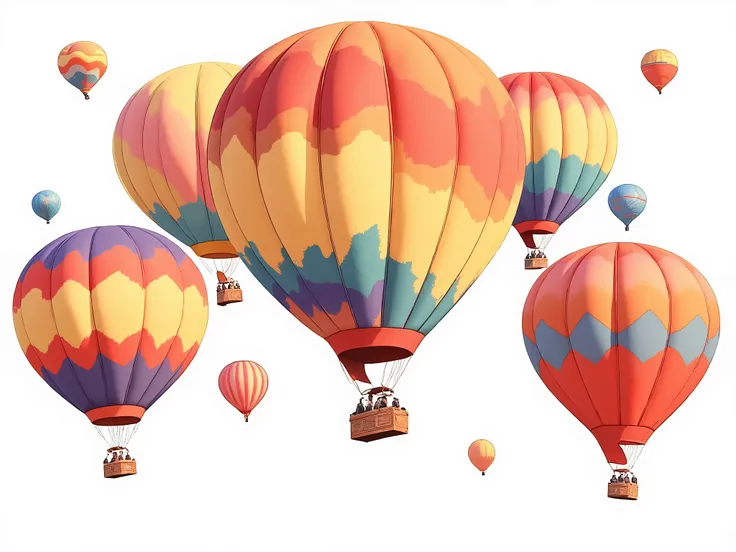 A group of colorful hot air balloons floating in the sky, highly detailed and realistic illustration style, ultra high resolution, each balloon has a unique vibrant pattern with red, orange, yellow, blue, and teal colors, soft fabric texture, realistic lig...