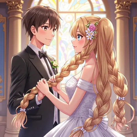 🌟:hochdetailliert,realistic with anime influence,Nahaufnahme,Foreground focus on the double braids and the entwined hands,which underlines their dominant posture.
🌌:a magnificent wedding chapel with high ceilings,royal tapestries and an altar in the back...
