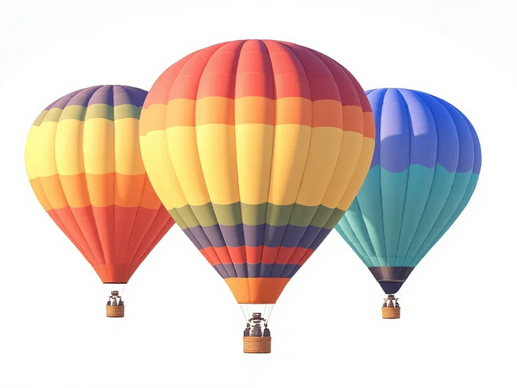 A group of vibrant hot air balloons with 3D illustration style, floating in white space, ultra high resolution, sharp and clear details, realistic lighting and shadows, vivid colors like red, orange, yellow, blue, and teal, smooth glossy fabric texture, so...