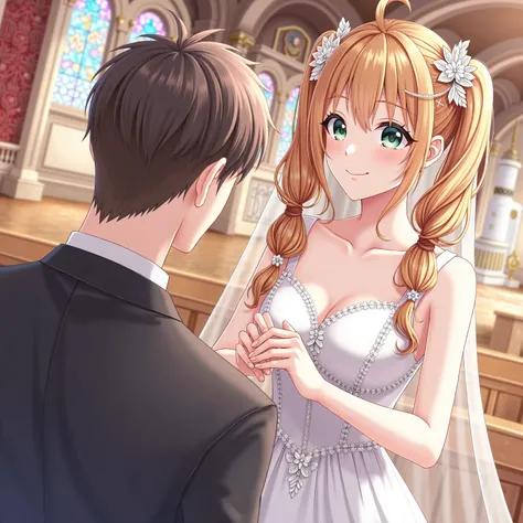 🌟:hochdetailliert,realistic with anime influence,Nahaufnahme,Foreground focus on the double braids and the entwined hands,which underlines their dominant posture.
🌌:a magnificent wedding chapel with high ceilings,royal tapestries and an altar in the back...