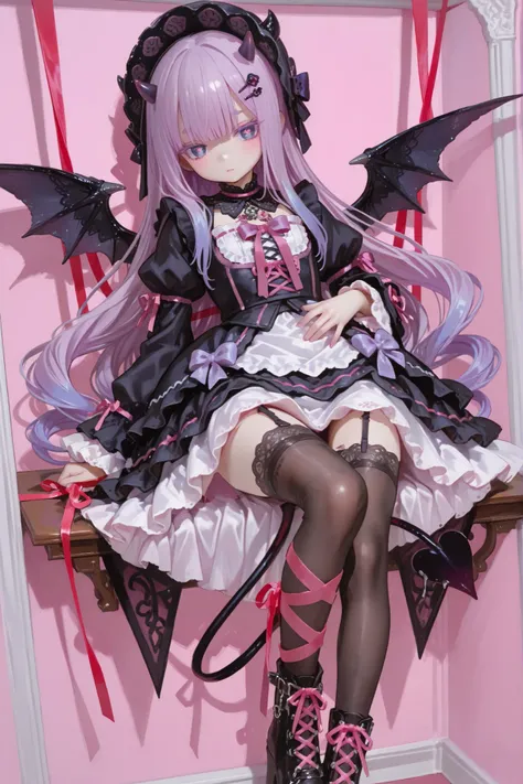 The demon girl is the devil/ pastel gothic. She has pale skintone,petite miniature bodybuilding with flat chest. She has purple eyelashes and purple eyebrows to match her hair. She has very longest curly lush purple hair with pink gradient on tips,straigh...