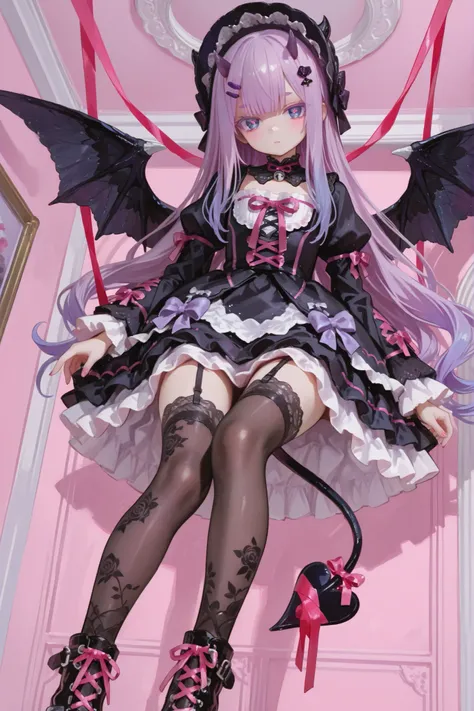The demon girl is the devil/ pastel gothic. She has pale skintone,petite miniature bodybuilding with flat chest. She has purple eyelashes and purple eyebrows to match her hair. She has very longest curly lush purple hair with pink gradient on tips,straigh...