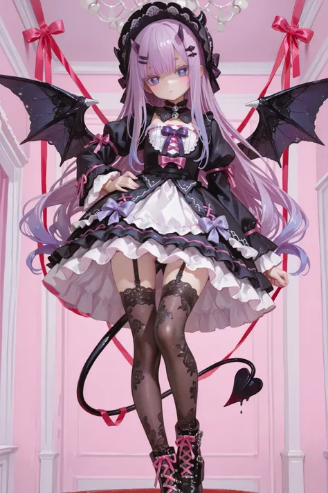 The demon girl is the devil/ pastel gothic. She has pale skintone,petite miniature bodybuilding with flat chest. She has purple eyelashes and purple eyebrows to match her hair. She has very longest curly lush purple hair with pink gradient on tips,straigh...
