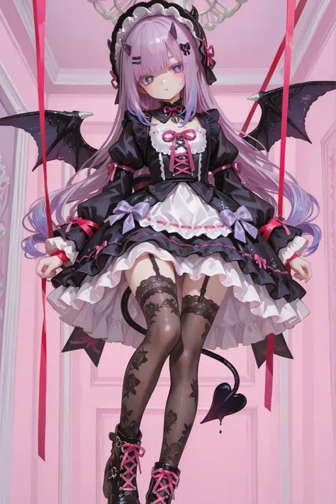 The demon girl is the devil/ pastel gothic. She has pale skintone,petite miniature bodybuilding with flat chest. She has purple eyelashes and purple eyebrows to match her hair. She has very longest curly lush purple hair with pink gradient on tips,straigh...