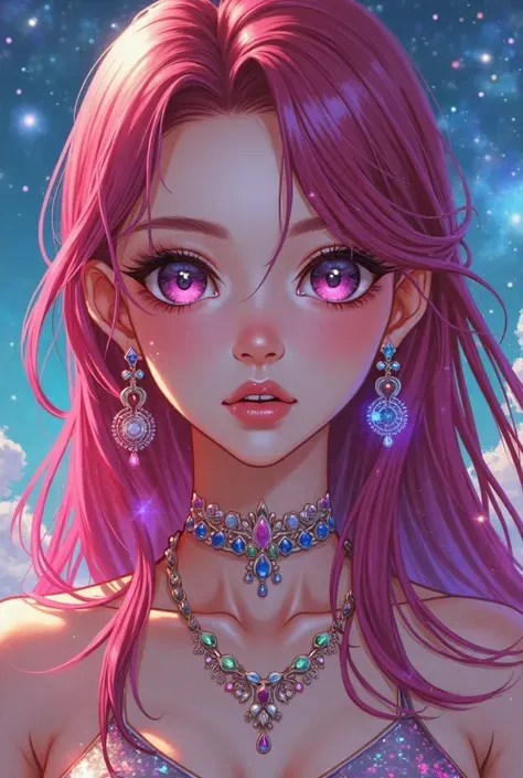 Close-up of a woman with Colorful hair and necklace, Anime girl with cosmic long hair, Rossdraws Soft Vitality, Gouviz-style artwork, Fantasy art style, Colorful], Vibrant fantasy style, Rossdraws Vibrant cartoons, cosmic and Colorful, Guvitz, Colorful dig...