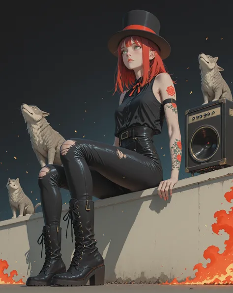 She steps forward with the lean elegance of a shadow cutting through light—tall, razor-thin, and charged with electric confidence. The rhythm guitarist, the backbone of the storm. Her silhouette is unmistakable: towering in black boots, shoulders slightly ...