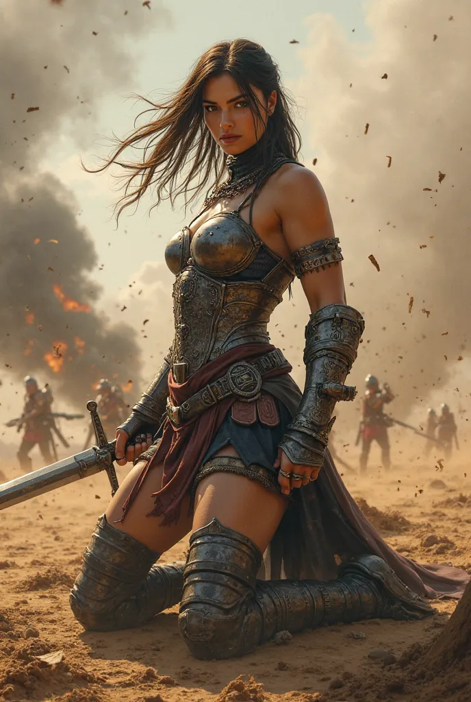 Create an image of a  women  worrier in a battle feild holding a sword down word stting on one knee side view facing side view