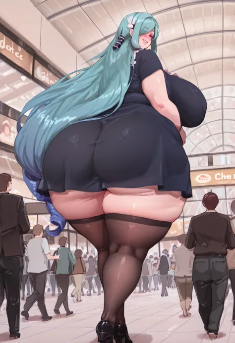 Masterpiece, best quality, high resolution,1 girl, ,cyan hair, very long hair, hair over one eye, hair ornament,navy dress, thigh highs,heels, mall , crowd of people,,hige breasts, huge ass,taller girl,plump thicc, voluptuous figure,chubby, smiling, flirta...