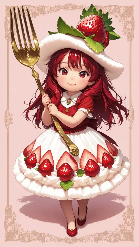Super realistic high quality,high definition,4K,8K,Superb Details,Photographic Realism,Portrait,fantasy,Beautiful girl,Transform into Strawberry Shortcake,Full Body Shot,Smile,Happy Expression,Strawberry Leaf-like Hat、red hair、White Fluffy Skirt,Millefeuil...