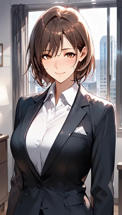 SOLO,Modern Backgrounds,A female with slim body(older girl),Brown eyes,shiny skin,(Wearing A Office Suit,White shirt),In Apartment,light smile,Short hair,UHD, SOLO, anatomically correct, masterpiece, textured skin, high details, highres, 1080P, 16k, accura...