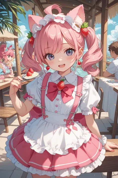 top quality、masterpiece、Magical girl with a fluffy strawberry shortcake as a motif、White and pink fluffy dress、Strawberry and cream decoration on the skirt、Strawberry hair ornament on the head、Fork-shaped magic stick on the hand、The background is a sweet  country、The magical effect is a sparkling light like whipped cream、cute