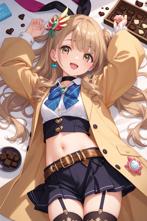 top quality、masterpiece、Bitter ＆a milk chocolate themed magical girl、dark brown and gold long coat style costume、Chocolate bar style belt around the waist、髪色はBitter チョコのようなダークブラウン、The cane is a fusion design of cacao branches and chocolate sauce、The background is a high-class chocolate workshop、Magic is a melting brown light and dance of cacao grains、cute