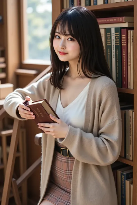 sakura,professional photography, masterpiece, high resolution, a knee-up portrait of a 20-year-old intelligent Japanese woman with a delighted smail of discovery, working as a librarian in the quiet, tall stacks of a university library's special collection...