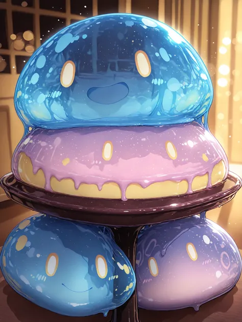 Pudding Slime、Pudding Shaped,4K digital ,high resolution,Realistic,Detailed Description,professional,vivid colors,Soft Bokeh,beautiful light and shadow,Rounded Elegant Pudding Shape,Sweet and Creamy Pudding Texture,Glossy Slime Surface Stretching Over Pudd...