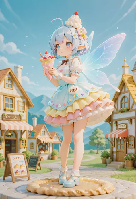 score_9, score_8_up, score_7_up, masterpiece, top quality , Perfect Face, highest resolution, 8k, amazing quality while ordering, detailed eyes, Clear eyes, repochi, Light Blue Hair, fairy wings, Sweets Fairy, Confectionery Fairy, スイーツTransformation, ((Sweets, Sweets Body, Sweets Outfit)), clear color, vivid color, Transformation, cake, crepe, Cream Puff,  House,  Country, Western Confectionery, Full Body, Digital Ocean, Colorful Confectionery