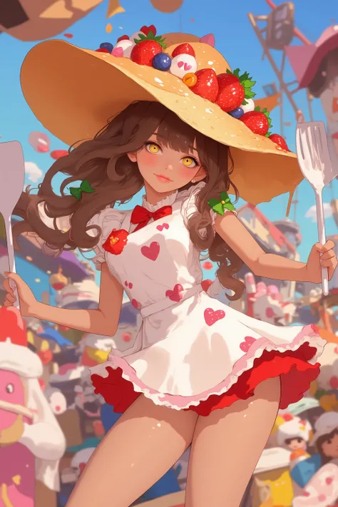 Sweets are transformed into characters,a whimsical character with an imaginative design,A character that combines cooking themes with the characteristics of strawberries,Her outfit is designed to imitate a chef's outfit,bright strawberries A white apron de...