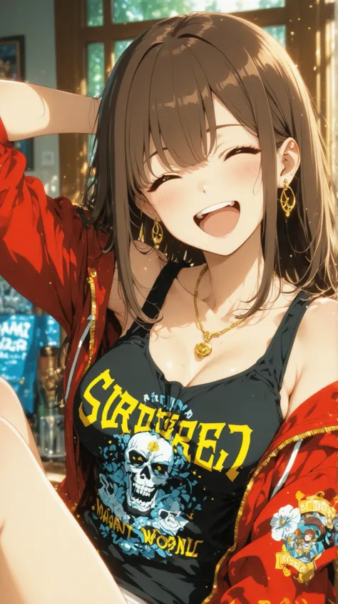 Laughing woman　small beautiful breasts　tank top　anime style illustration