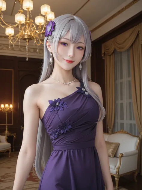 Show me your armpits,anime screen capture, masterpiece, top quality,1girl, solo, closed mouth, faint smile,long hair, flowing bangs, gray hair, PURPLE EYES, purple hair ornament,FreyaPDress, Long Dress, Purple Dress, color bone, earrings,  single strap ,at...