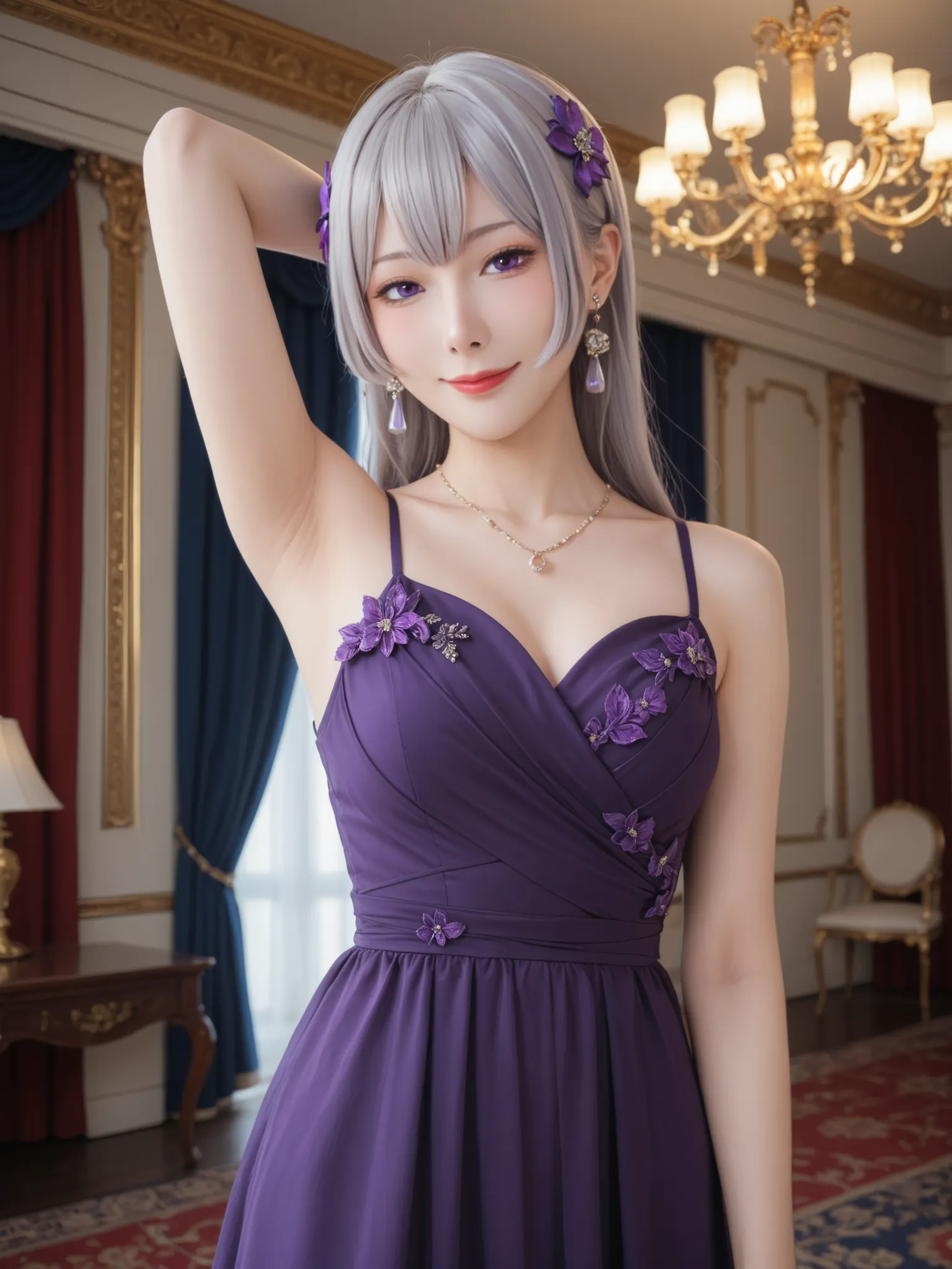 ((Show me your armpits)),anime screen capture, masterpiece, top quality,1girl, solo, closed mouth, faint smile,long hair, flowing bangs, gray hair, PURPLE EYES, purple hair ornament,FreyaPDress, Long Dress, Purple Dress, color bone, earrings,  single strap...