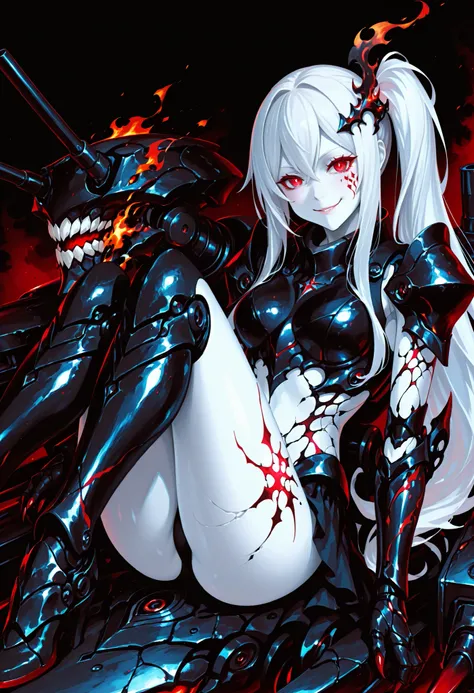 Armed Girl. Abyssal Fleet. White hair. White skin. Red eyes. Cheek tattoo. Long hair. Side ponytail. Black flame hair accessory. Ironic smile. Black light armor. Armored arms. Sharp claws. Cracked tattoo. Sitting. Legs up. Turret. Mechanical monster.