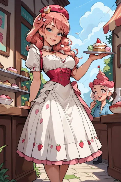 Idolmaster's Cinderella Dream Amulet，Clothes that look like strawberry cake，macaron hair ornament，standing on a huge plate